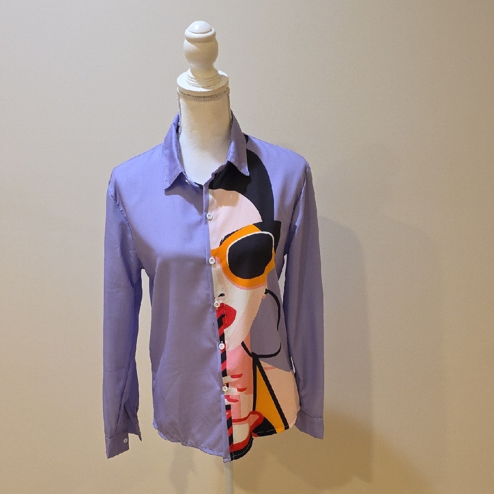 Purple Button-Up Shirt with Graphic Print